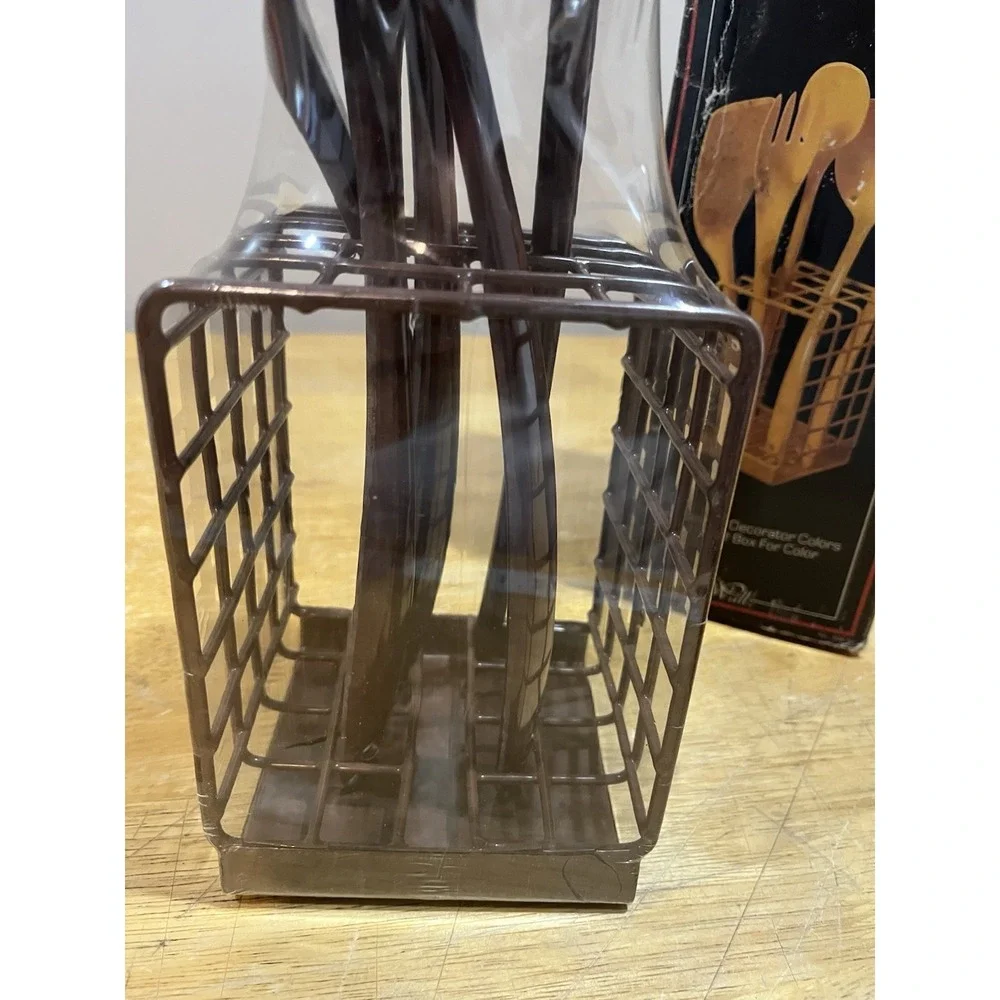 Vtg Brown Melamine‎ Kitchen Utensils Rosti Set of 6 With Metal Rack NOS